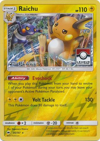 Raichu (41/147) (Promoción de liga, segundo lugar) [Sol y luna: Sombras ardientes] 