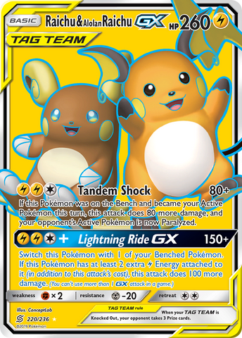 Raichu y Alolan Raichu GX (220/236) [Sol y Luna: Mentes unificadas] 